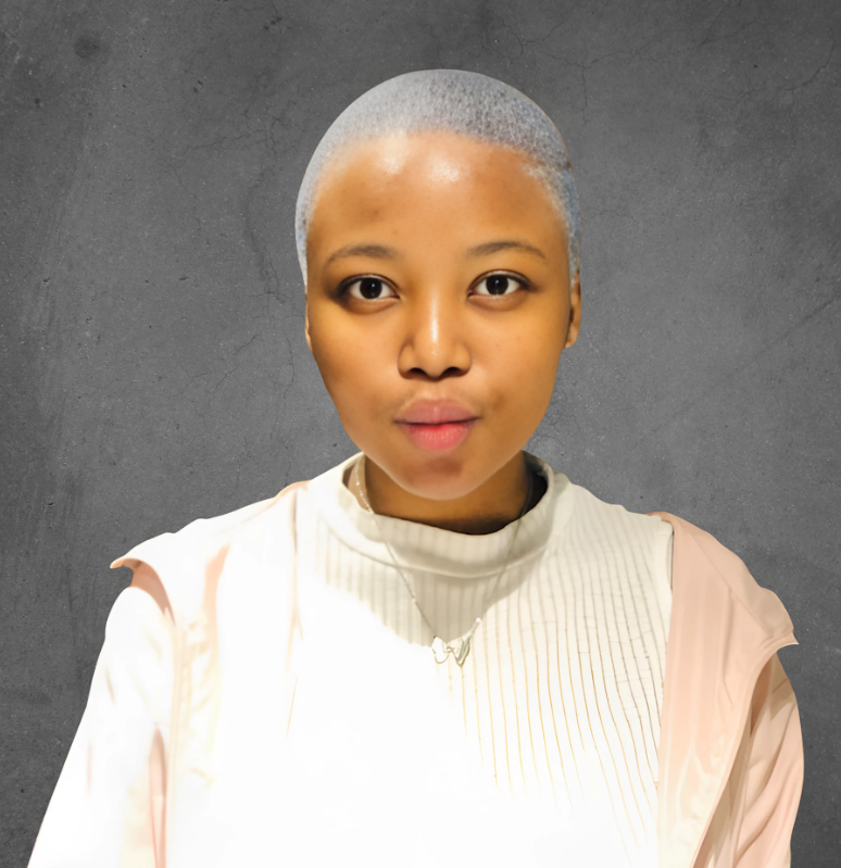 A person with a neutral expression is wearing a white and pink outfit, against a gray textured background.