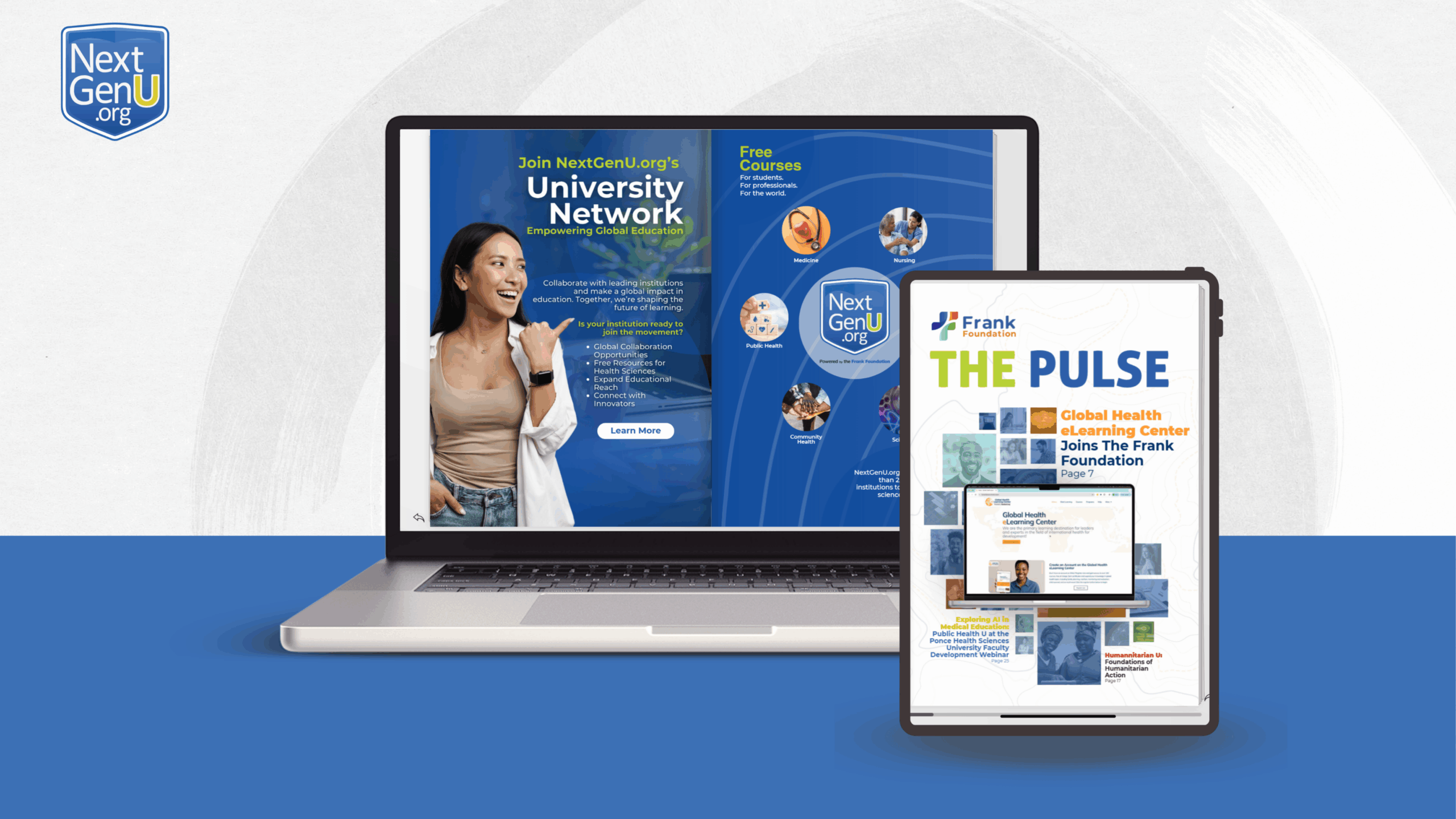 A laptop and tablet showcase NextGenU.org's University Network and The Pulse newsletter, promoting global education and free courses.