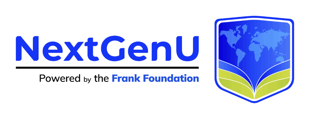 The logo for NextGenU, powered by the Frank Foundation, featuring a globe in a shield.